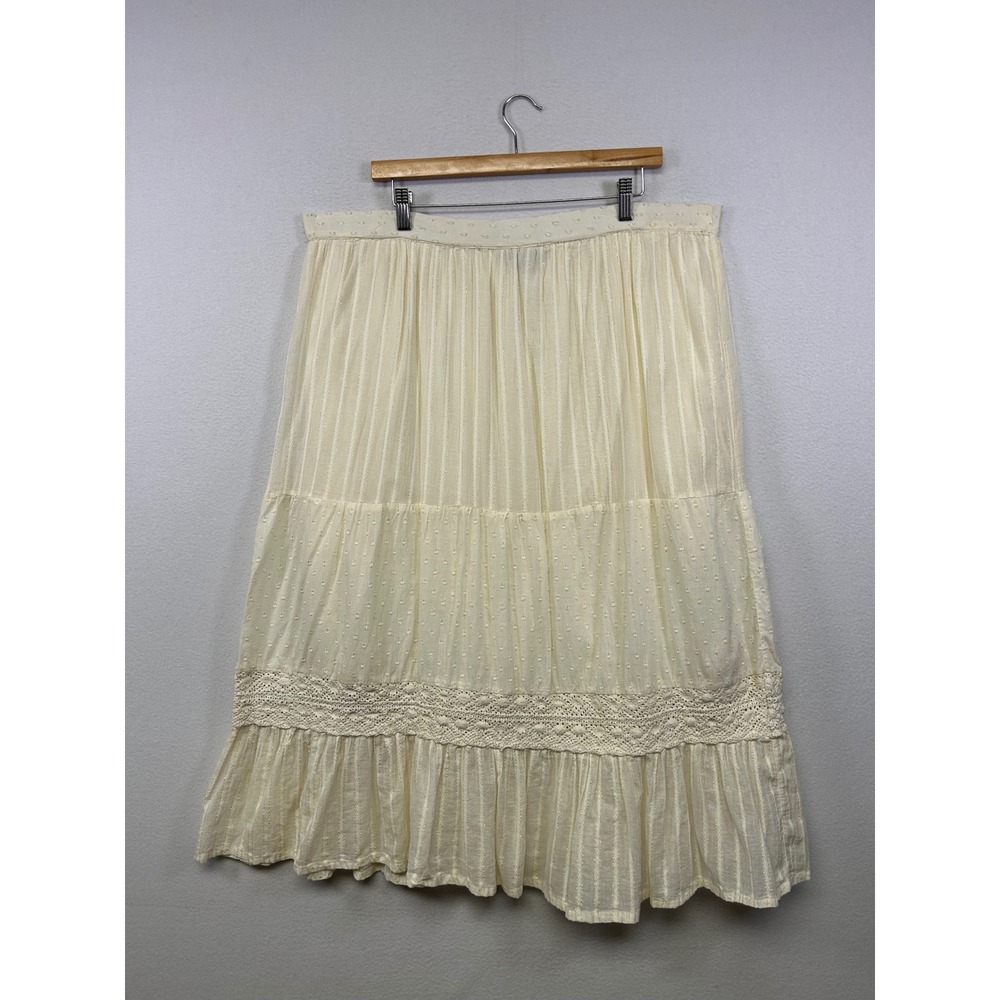 RD+Koko Boho Cottagecore Women Large Cream Gold Metallic Tiered Midi Skirt
